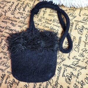 Handcrafted black fuzzy trim toggle strap felted Wool bag black
